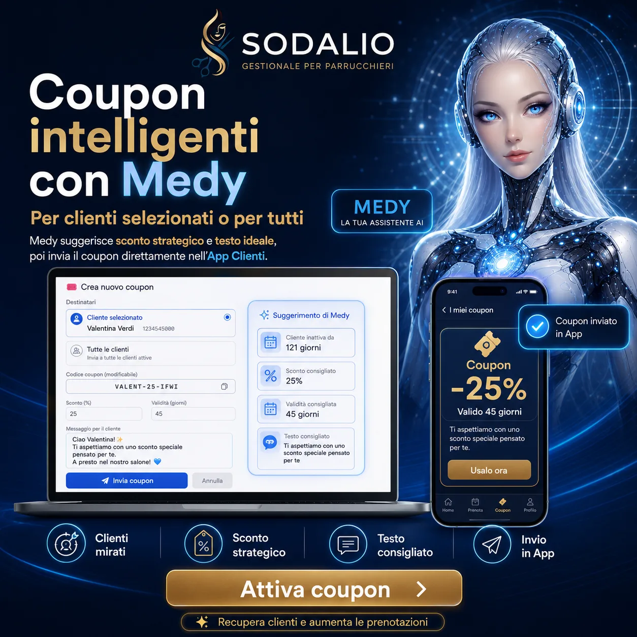 Coupon intelligenti con Medy: sconto strategico, testo consigliato e invio in app