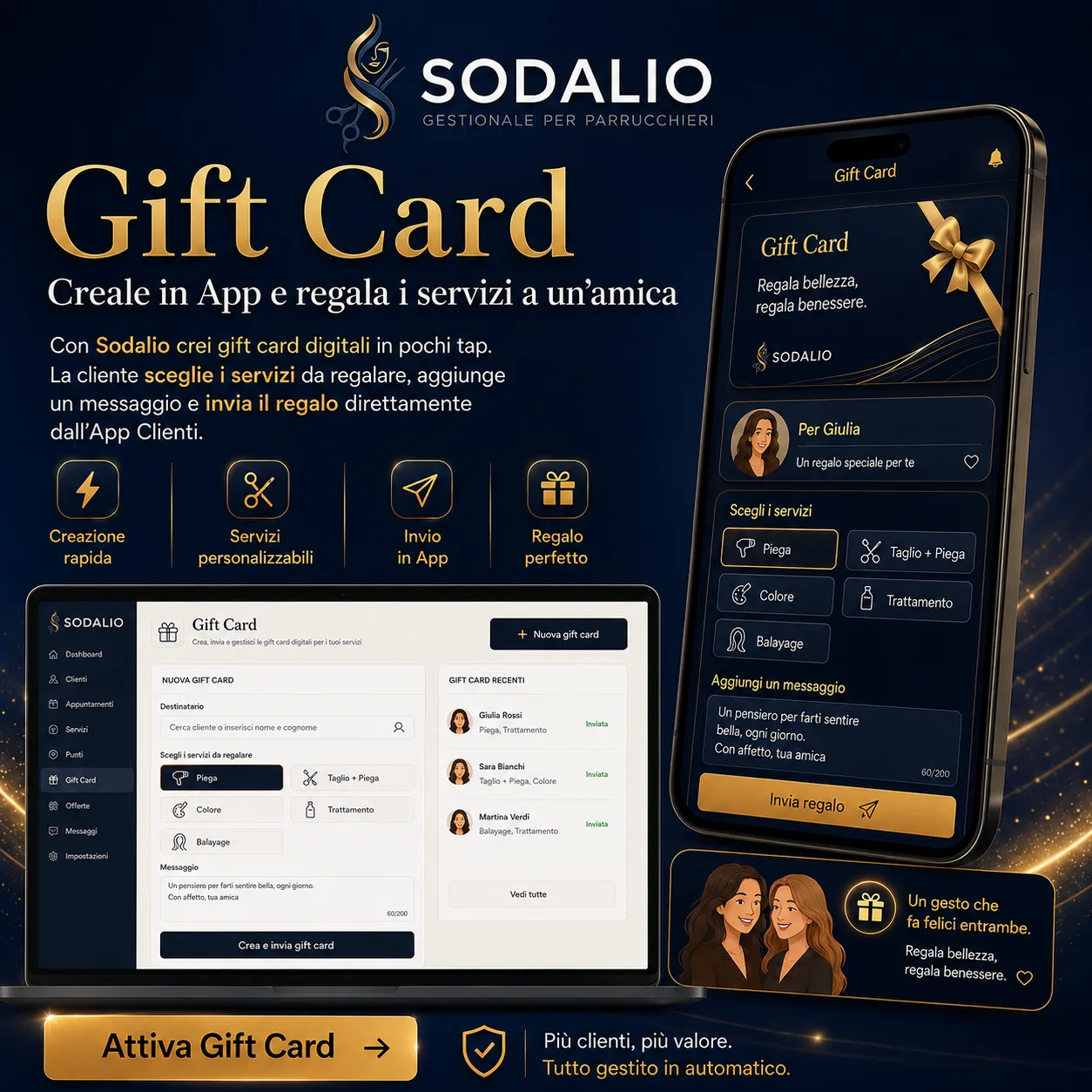 Gift Card Sodalio: la cliente regala servizi o un buono a un'amica dall'app