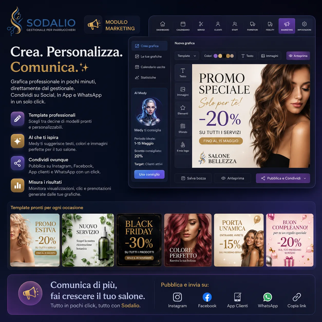 Modulo Marketing di Sodalio: crea la grafica promo e la pubblichi su social, app e WhatsApp