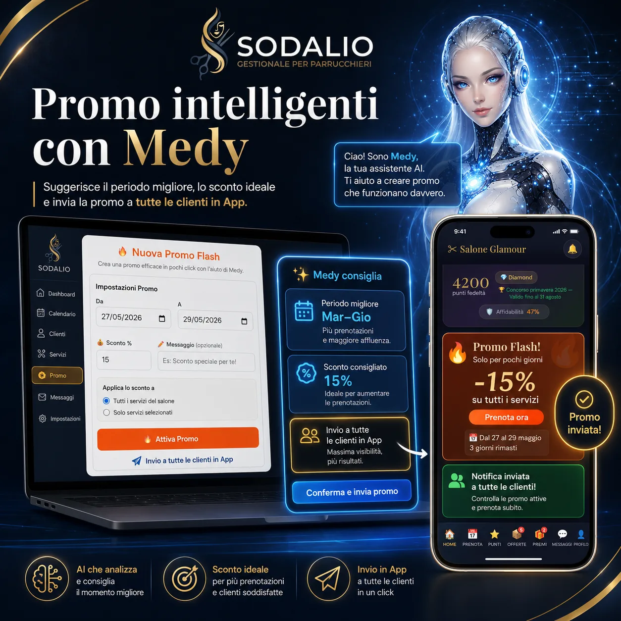 Promo intelligenti con Medy: sconto consigliato e invio a tutte le clienti in app
