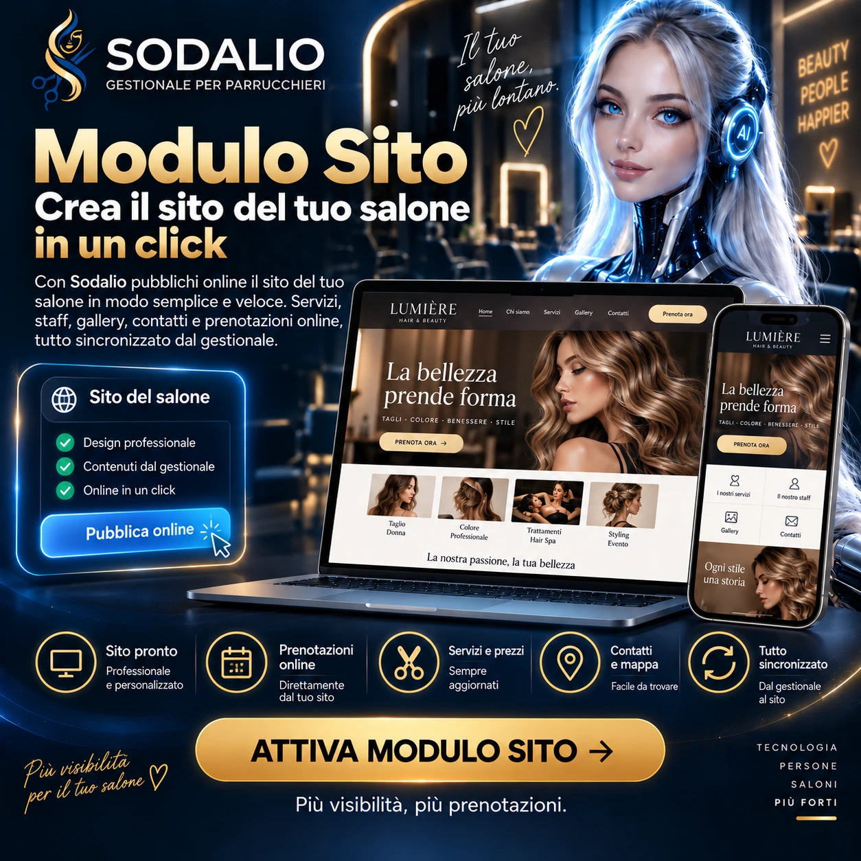 Modulo Sito di Sodalio: il sito del salone pubblicato in un click, con servizi, staff, galleria e prenotazioni online presi dal gestionale